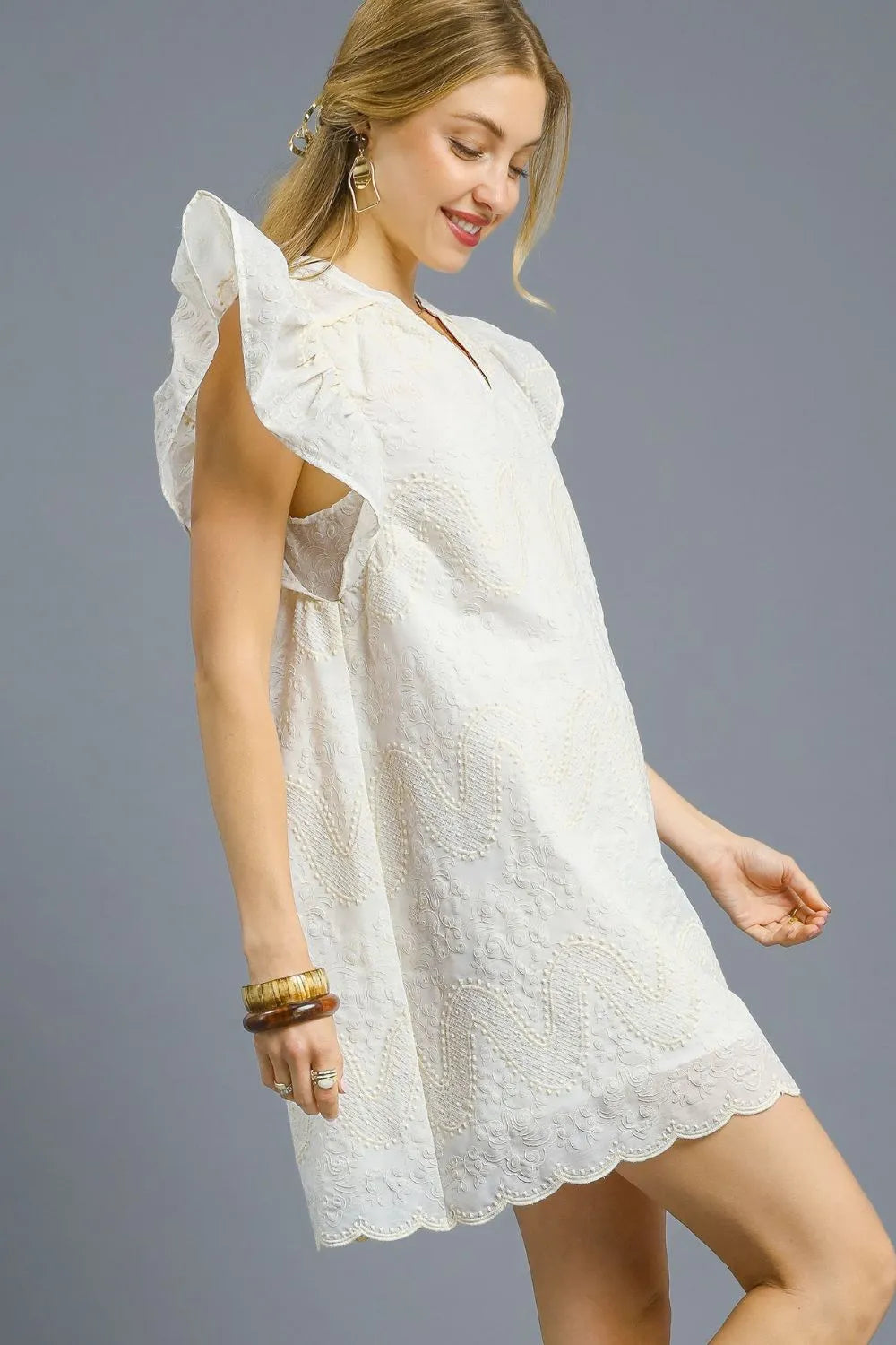 Scalloped Hem Embroidered Mini Dress – outfit idea for women | Ro + Ivy