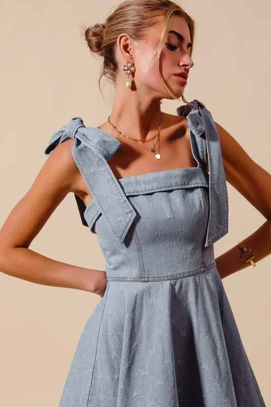 A Line Fit And Flare Diamond Bow Ribbon Denim Mini Dress – outfit idea for women | Ro + Ivy