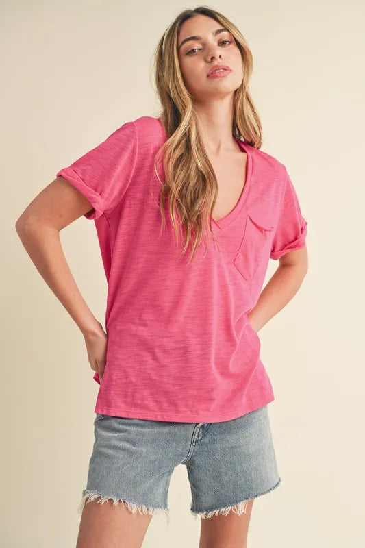Side Slit V-Neck Short Rolled Sleeve T-Shirt – outfit idea for women | Ro + Ivy