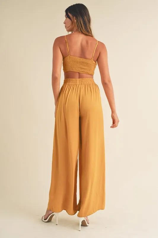 Smocked Bralette Crop Top And Wide Leg Pants Set – outfit idea for women | Ro + Ivy