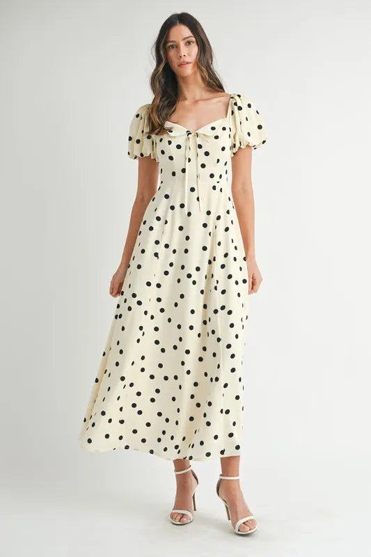Ka Dot Puff Sleeve Midi Dress – outfit idea for women | Ro + Ivy