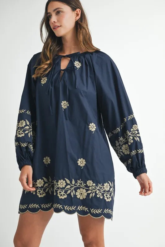 Embroidered Long Sleeve Peasant Mini Dress – outfit idea for women | Ro + Ivy