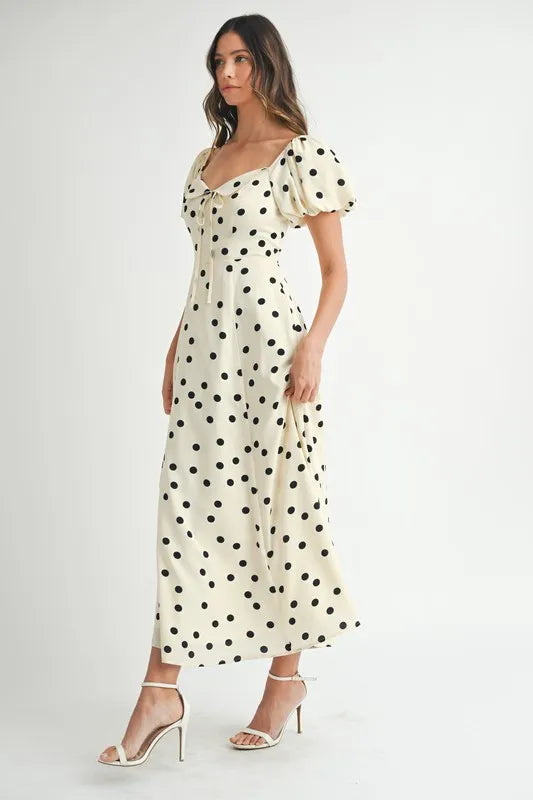 Ka Dot Puff Sleeve Midi Dress – outfit idea for women | Ro + Ivy