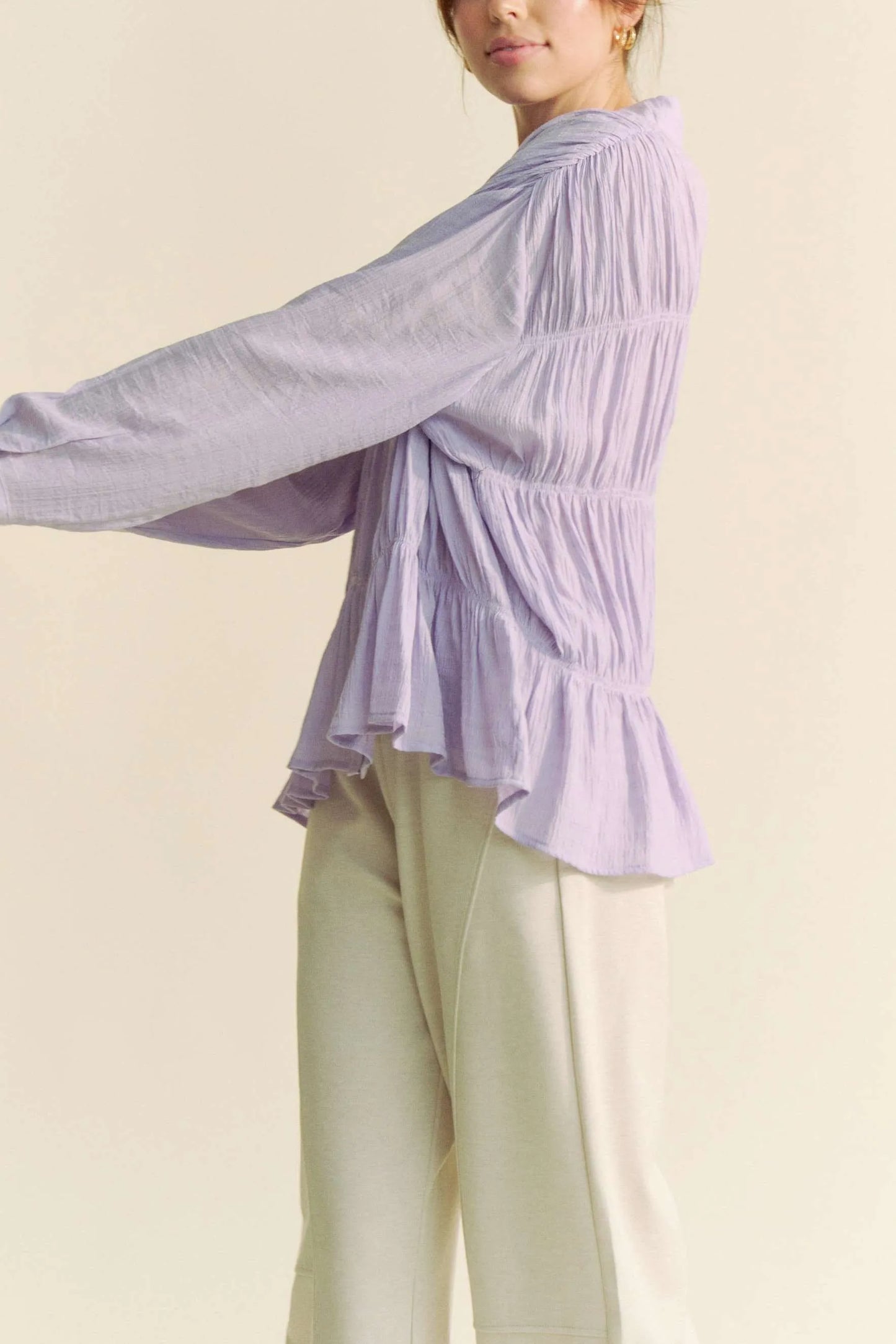 Ruched All Over Button Front Shirt – outfit idea for women | Ro + Ivy