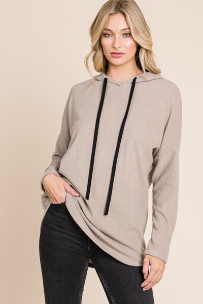 Contrast Drawstring Drop Shoulder Knit Hoodie in Taupe - Ro + Ivy