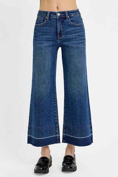 Dark Full Size Tummy Control High Rise Crop Wide Hem Jeans Plus Size Trendy Jeans Outfit Idea for Women | Ro + Ivy