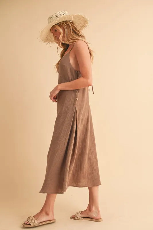 Side Button Cami Midi Dress in Mocha – outfit idea for women | Ro + Ivy