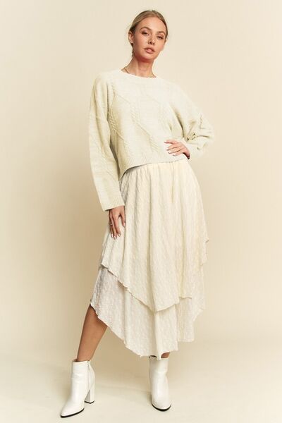 Diamond Cable Pattern Drop Shoulder Sweater in Ivory Trendy Sweaters Outfit Idea for Women | Ro + Ivy