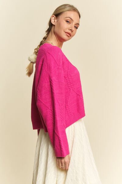 Diamond Cable Pattern Drop Shoulder Sweater in Pink - Ro + Ivy