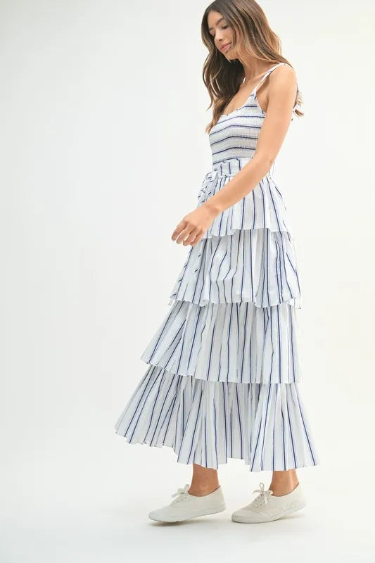 Pin Stripe Smocked Bodice Layered Midi Dress – outfit idea for women | Ro + Ivy