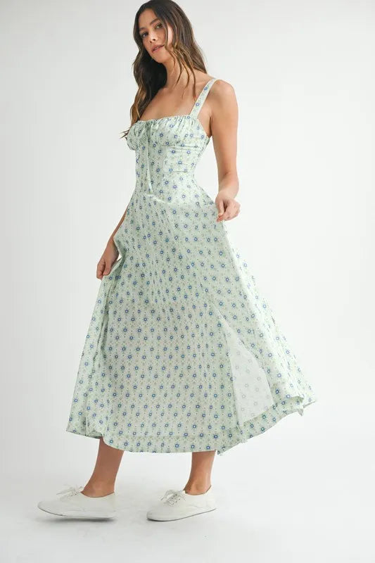 Floral Print Bustier Back Lace Up Midi Dress in Mint – outfit idea for women | Ro + Ivy