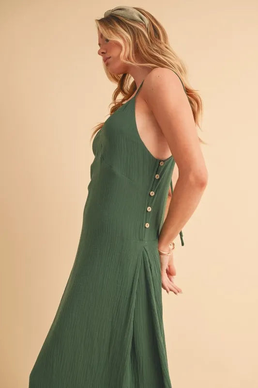 Side Button Cami Midi Dress in Emerald – outfit idea for women | Ro + Ivy