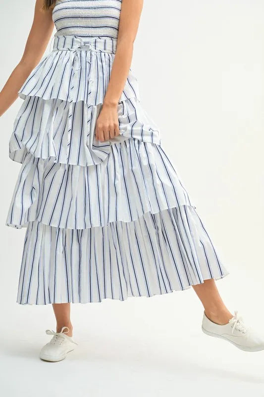 Pin Stripe Smocked Bodice Layered Midi Dress – outfit idea for women | Ro + Ivy