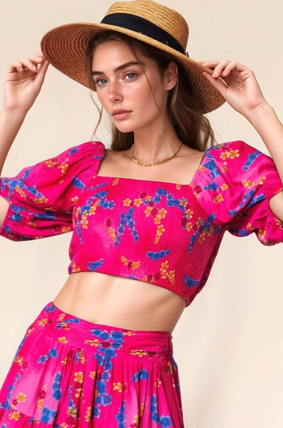 Smocing Bodice Puff Short Sleeve Printed Crop Top – CANDY PINK outfit idea for women | Ro + Ivy