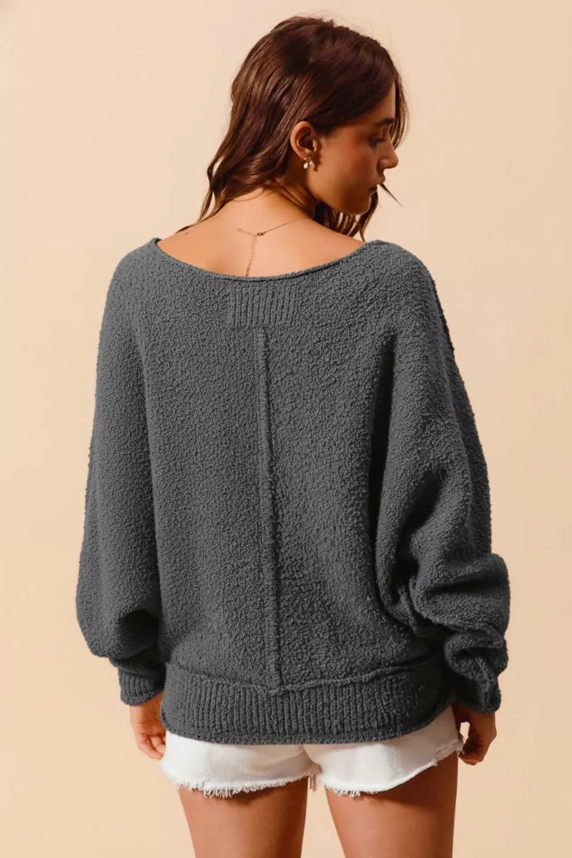 Boucle Loose Fit Sweater with Exposed Seam in Charcoal | Trendy Sweaters Outfit Idea for Women by Ro + Ivy | Elevated Basics, Modern Comfort & Style