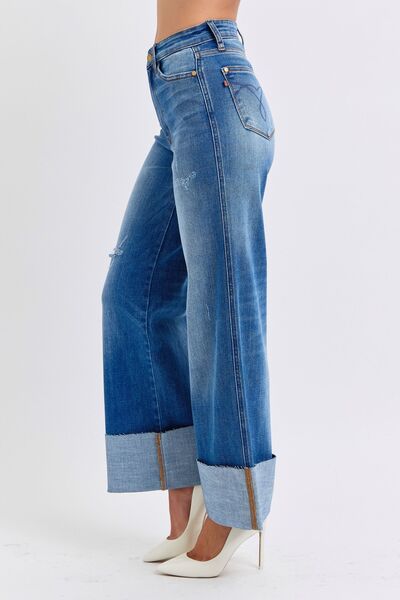 Full Size Distressed High Waist Wide Leg Jeans Trendy Jeans Outfit Idea for Women | Ro + Ivy