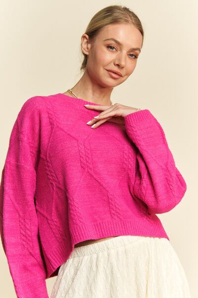 Diamond Cable Pattern Drop Shoulder Sweater in Pink - Ro + Ivy