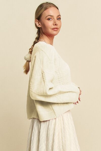 Diamond Cable Pattern Drop Shoulder Sweater in Ivory Trendy Sweaters Outfit Idea for Women | Ro + Ivy