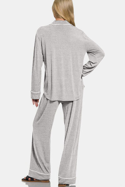 Button Down Long Sleeve Top and Pants Sleepwear Set in Light Gray - Ro + Ivy