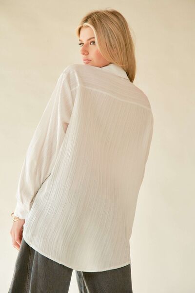 Crinkled Jacquard Button Down Shirt in White - Ro + Ivy