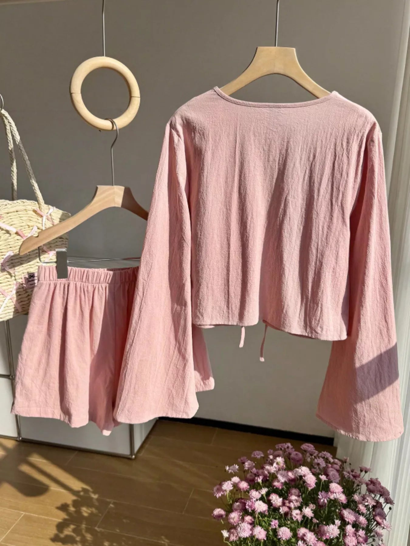 Women's Embroidered Tie Front Top and Shorts Set - Matching Sets