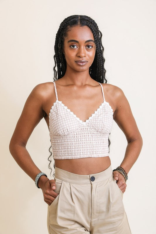Beige Gingham Smocked Bralette with Daisy Trim Trendy Bralettes Outfit Idea for Women | Ro + Ivy