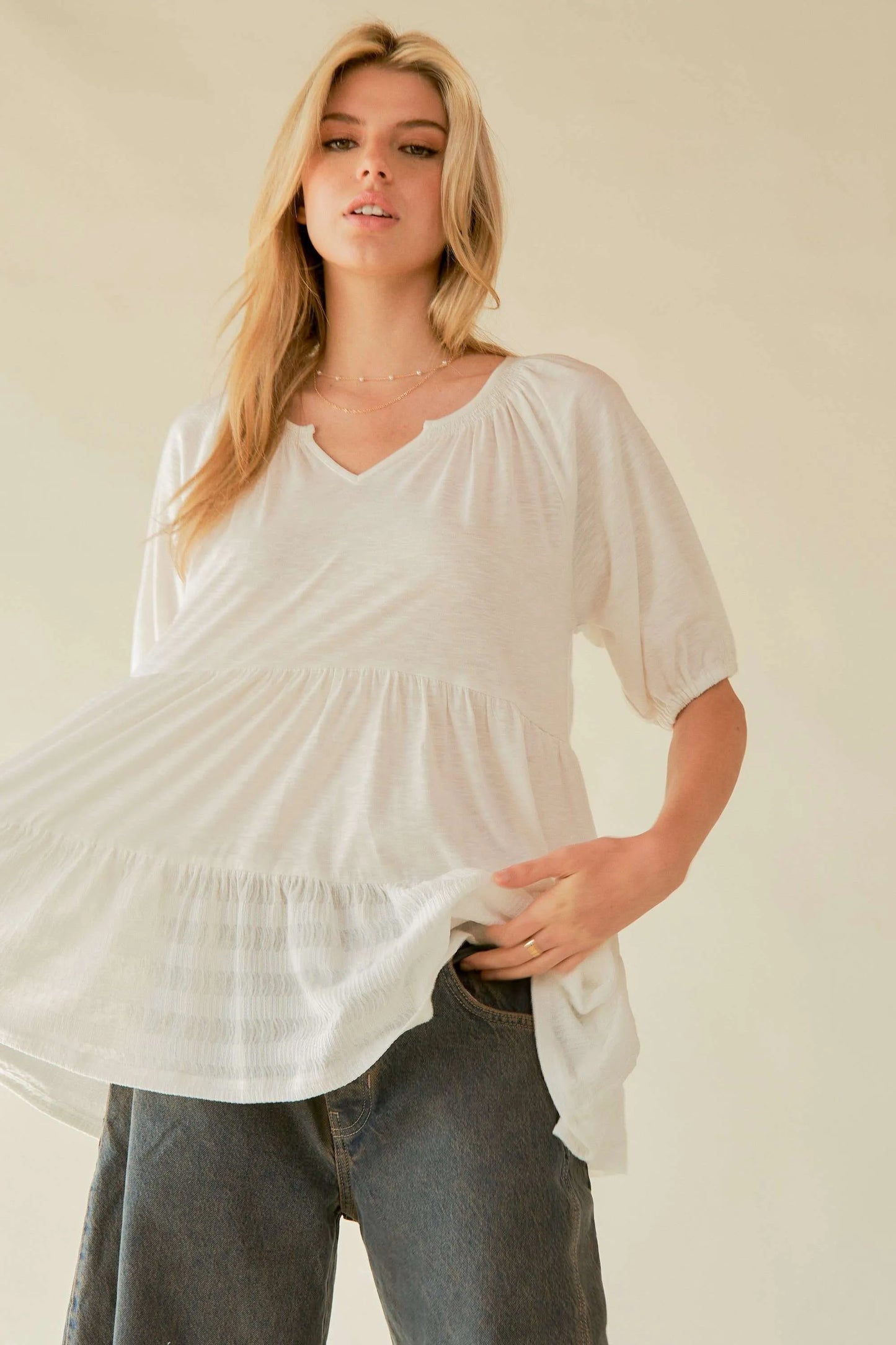 Ruffled Flared Short Sleeve V Neck Blouse – outfit idea for women | Ro + Ivy