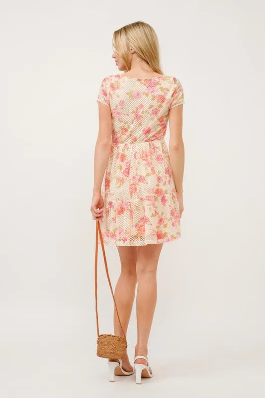 Square Neck Tiered Floral Fishnet Mini Dress – outfit idea for women | Ro + Ivy