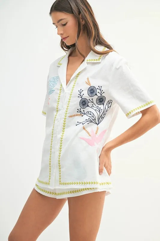 Embroidered Button Down Shirt And Shorts Set – outfit idea for women | Ro + Ivy