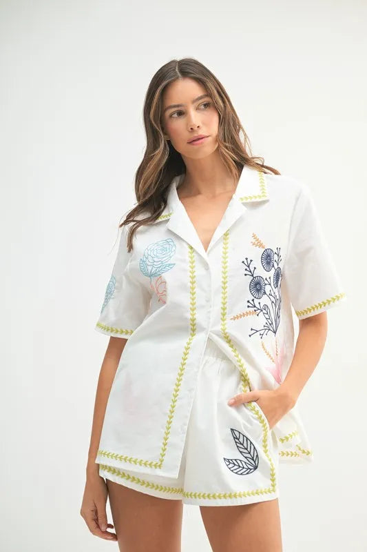 Embroidered Button Down Shirt And Shorts Set – outfit idea for women | Ro + Ivy