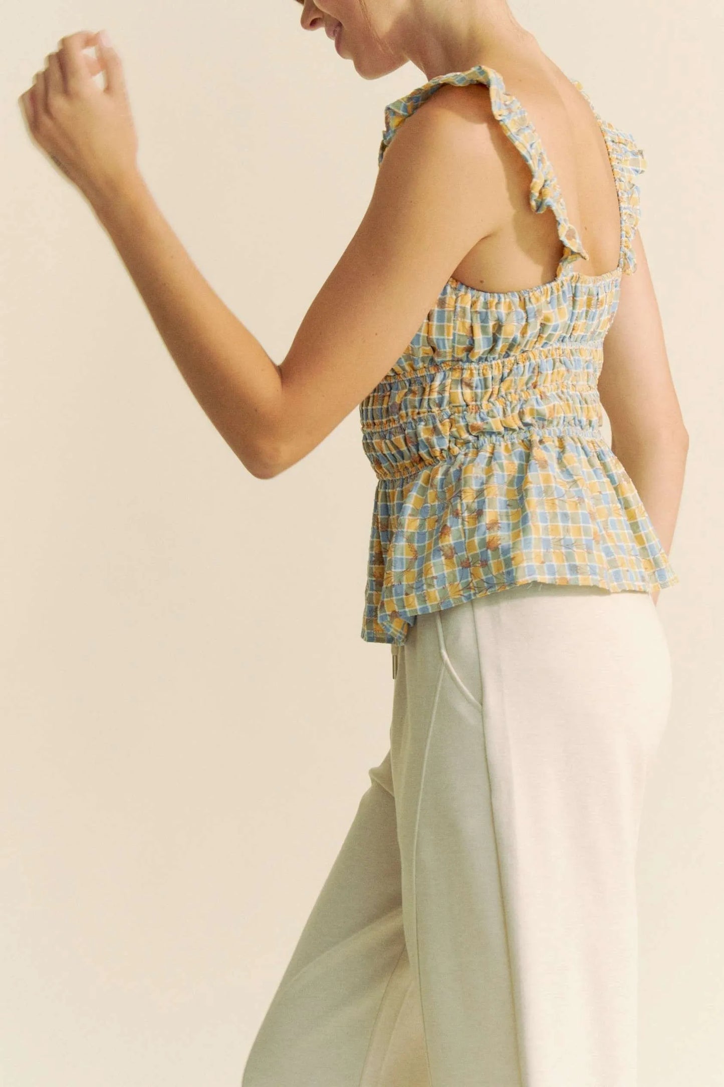Plaid Ruffled Strap Smocked Sleeveless Top – outfit idea for women | Ro + Ivy