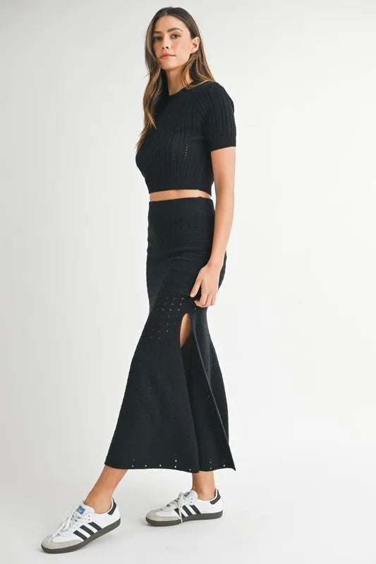 Pointelle Short Sleeve Crop Top And Slit Skirt Sweater Set – outfit idea for women | Ro + Ivy