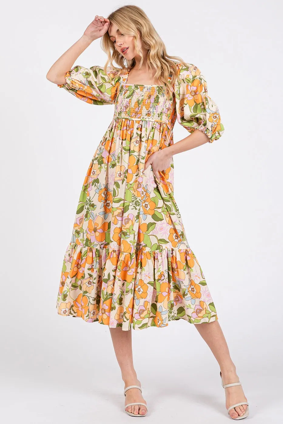 Flower Print Puff Sleeve Ruffle Smocked Midi Dress – outfit idea for women | Ro + Ivy