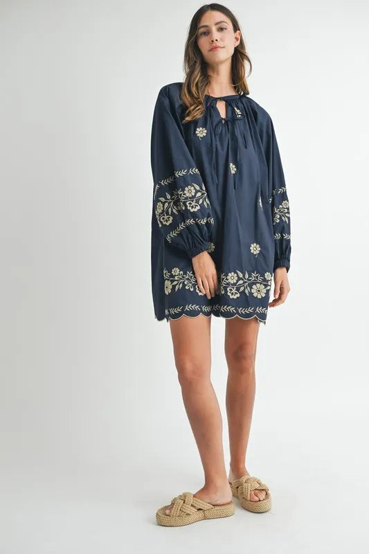 Embroidered Long Sleeve Peasant Mini Dress – outfit idea for women | Ro + Ivy
