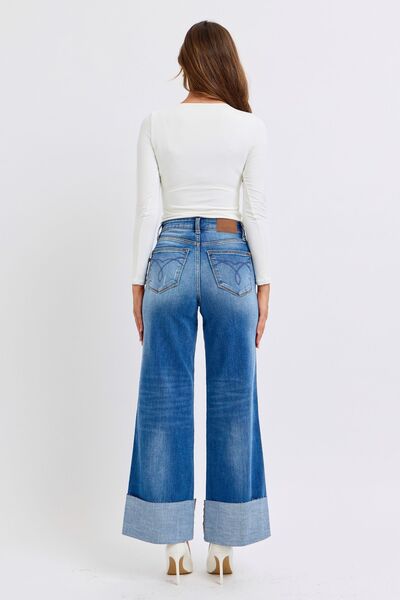 Full Size Distressed High Waist Wide Leg Jeans Trendy Jeans Outfit Idea for Women | Ro + Ivy