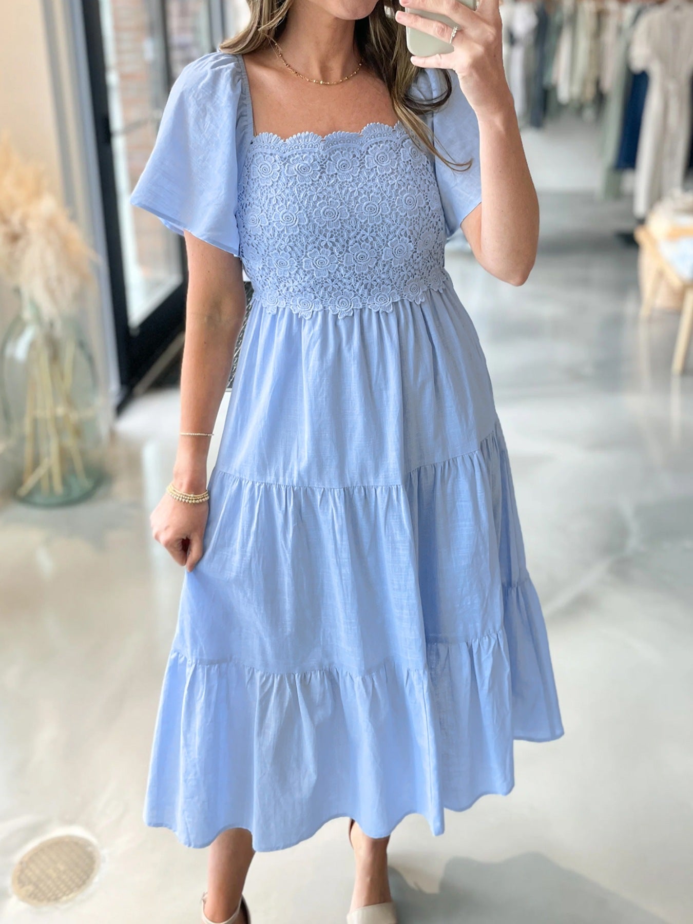 short sleeve tiered midi dress Lace Puff 43 / 17 75% Tencel lyocell Roseth Maternity Gown – COLOUR:SILVER