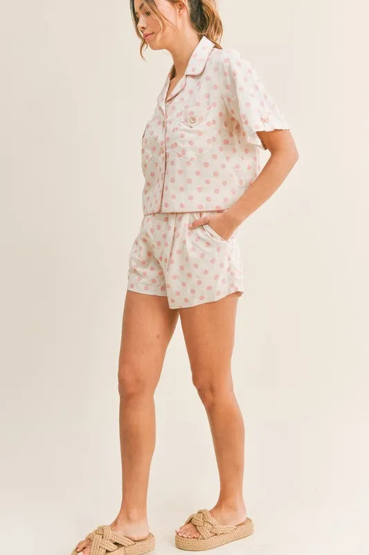 Polka Dot Collar Crop Top And Short Lounge Set - Loungewear