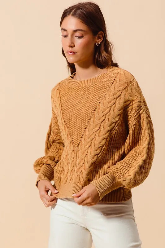 Mineral Washed Loose Fit Textured Cable Sweater – outfit idea for women | Ro + Ivy