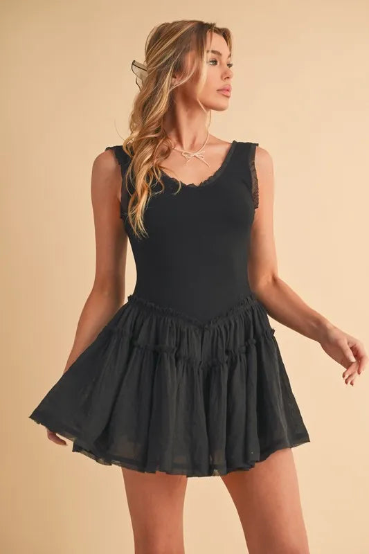 Frill Sleeveless Drop Waist Mini Dress – outfit idea for women | Ro + Ivy