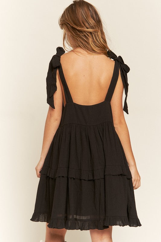 Square Neck Tiered Ruffle Bow Ties Mini Dress – outfit idea for women | Ro + Ivy