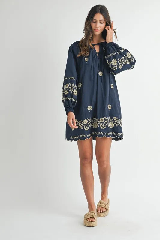 Embroidered Long Sleeve Peasant Mini Dress – outfit idea for women | Ro + Ivy