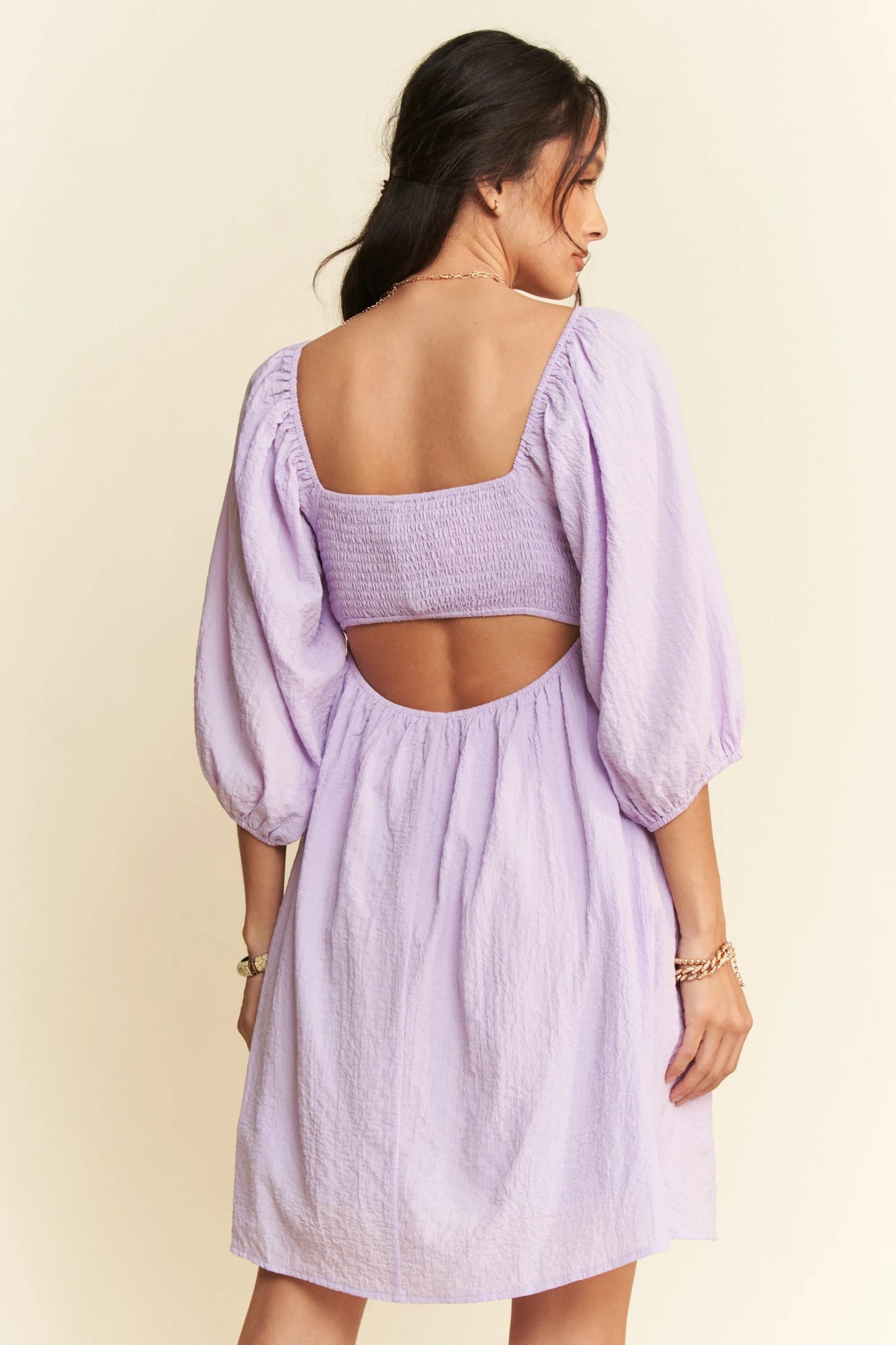 Self-Tie Puff Sleeve Smocking Open Back Mini Dress – outfit idea for women | Ro + Ivy