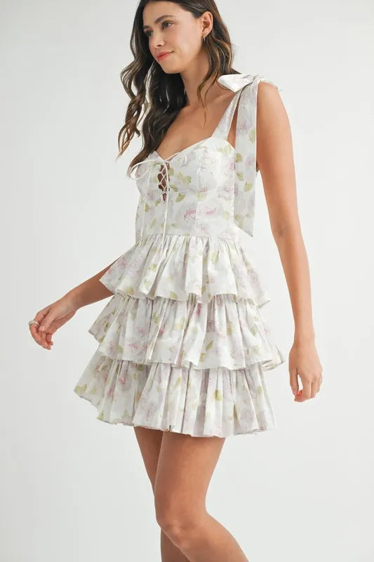 Floral Print Shoulder Tie Layered Mini Dress – outfit idea for women | Ro + Ivy