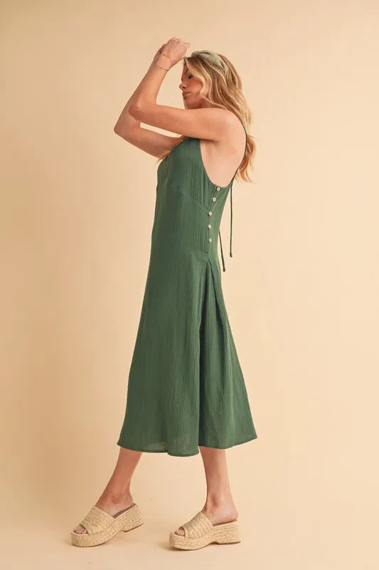 Side Button Cami Midi Dress in Emerald – outfit idea for women | Ro + Ivy