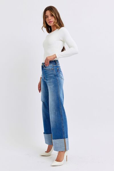 Full Size Distressed High Waist Wide Leg Jeans Trendy Jeans Outfit Idea for Women | Ro + Ivy