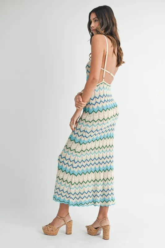 Lightweight Pointelle Chevron Knit Maxi Dress – outfit idea for women | Ro + Ivy