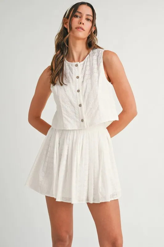 Eyelet Lace Top And Mini Skirt Set – outfit idea for women | Ro + Ivy