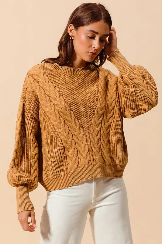 Mineral Washed Loose Fit Textured Cable Sweater – outfit idea for women | Ro + Ivy