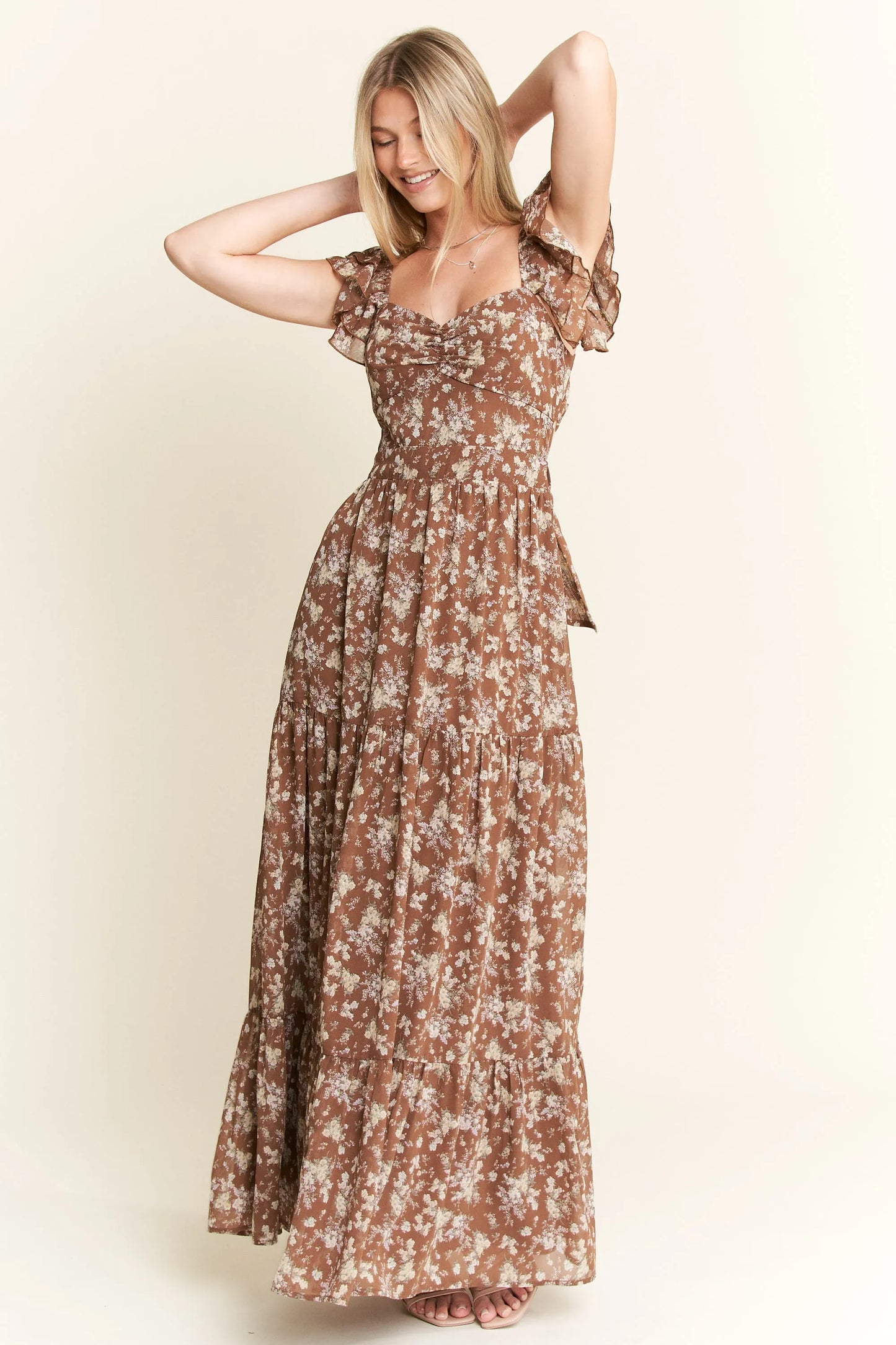 Ruffle Sleeve Tiered Maxi Dress in Mocha – outfit idea for women | Ro + Ivy