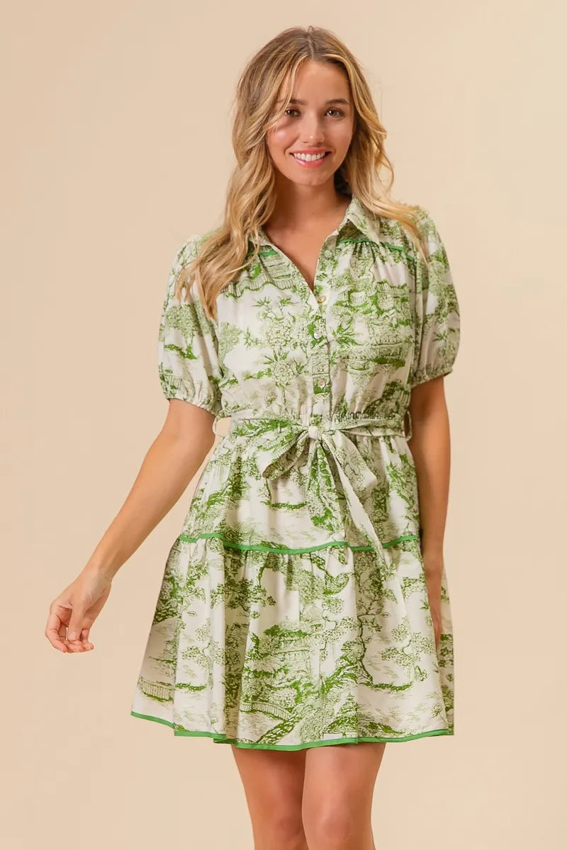 Woven Printed Tiered Mini Dress – outfit idea for women | Ro + Ivy